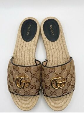 NWT Authentic Gucci Brown GG Canvas Espadrille Slide Sandal